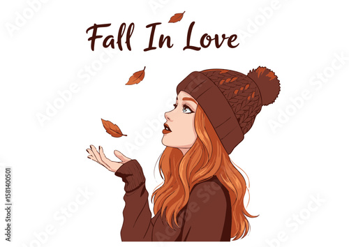 Autumnal Woman in Knitted Hat Catching Falling Leaves Profile View.