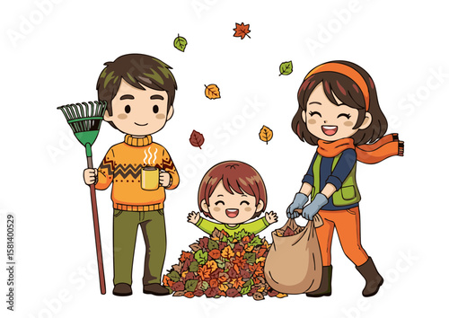 Happy Family Raking Autumn Leaves: Cartoon Illustration of a smiling family father with a rake mother collecting leaves in a burlap sack and a child joyfully playing in a pile of colorful autumn l.