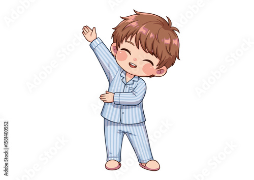 Cheerful Cartoon Boy in Pajamas Stretching with a Smile.