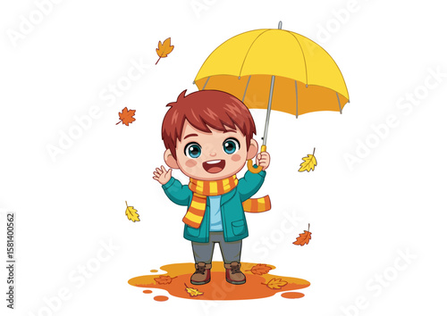 Cheerful Cartoon Boy Holding Yellow Umbrella in Autumn Season.