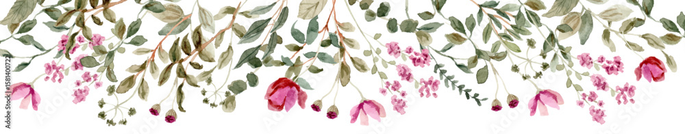 Obraz premium pink green wildflower watercolor border