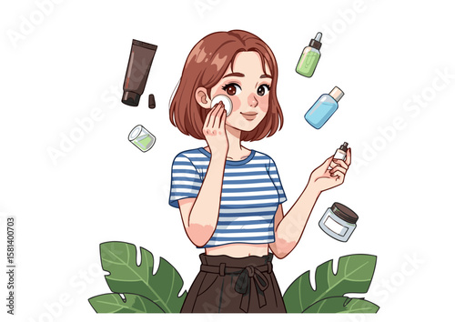 Cartoon Woman Applying Skincare with Cotton Pad and Products.