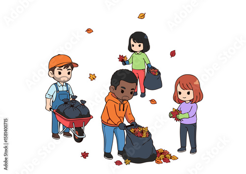 Cartoon Volunteers Cleaning Up Autumn Leaves with Bags and Wheelbarrow.