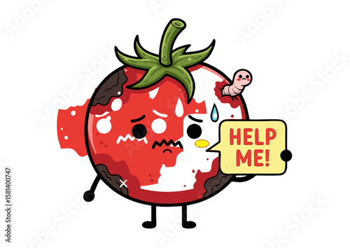 Cartoon Tomato Character with Rot Worm and Help Me Sign.