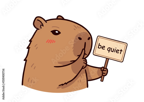 Cartoon Capybara Holding Be Quiet Sign with Finger to Lips.