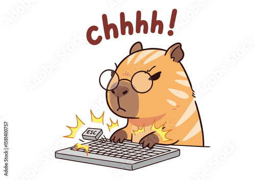 Cartoon Capybara with Glasses Typing Angrily on a Keyboard Expressing Frustration.