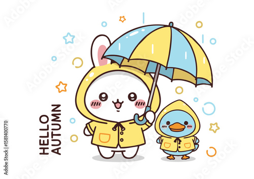 Adorable Cartoon Bunny and Duck Under Umbrella in Yellow Raincoats.