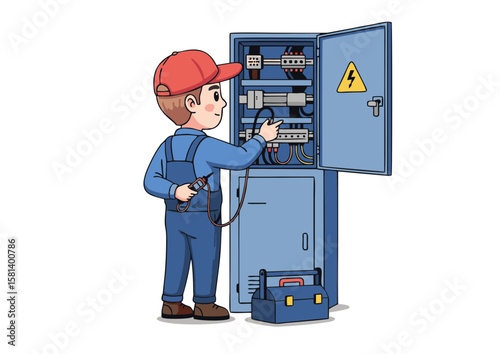 Cartoon Electrician in Overalls Inspecting Electrical Panel with Tools.