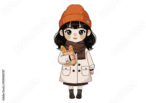 Cute Cartoon Girl in Winter Outfit with Baguette Bread.