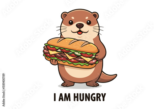 Cartoon Otter Holding a Large Sandwich with Smiling Expression.