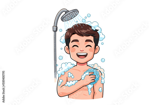 Cartoon Man Showering with Soap and Water Smiling Happily.