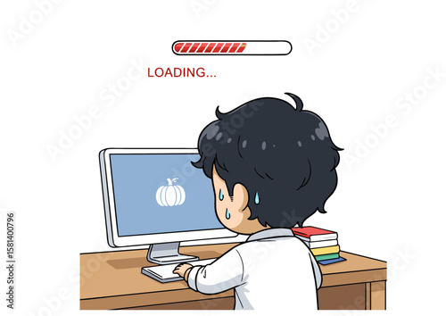 Stressed Cartoon Character Working on Computer with Loading Pumpkin Icon.