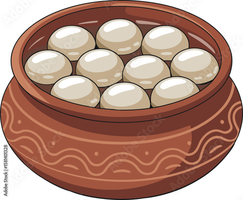 Traditional Clay Bowl with Rasgulla Sweets – Indian Dessert Vector Illustration