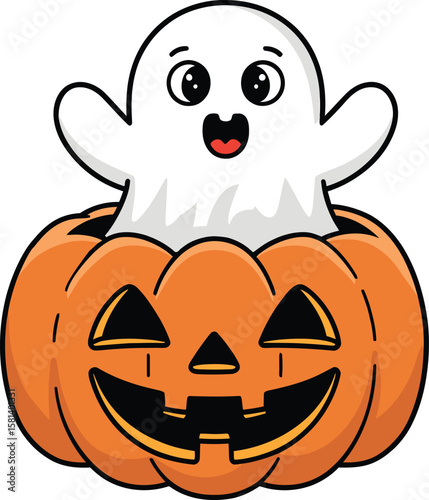 Cute Ghost in Jack-o’-Lantern Pumpkin – Halloween Cartoon Vector Illustration