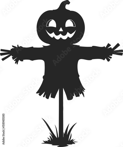 Pumpkin Head Scarecrow Silhouette – Halloween Spooky Vector Illustration, Transparent Background.