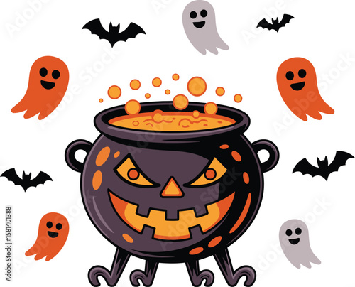 Spooky Halloween Cauldron with Ghosts and Bats – Creepy Cartoon Vector Art