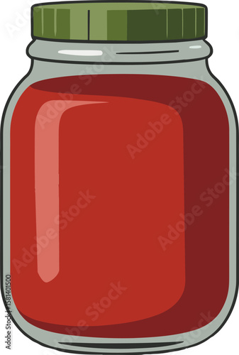 Glass Jar with Green Lid Filled with Red Sauce – Food Vector Illustration