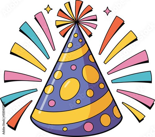 Colorful Party Cone Hat with Burst Lines – Celebration Vector Illustration