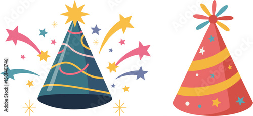 Colorful Party Hats with Stars and Streamers – Celebration Vector Illustration