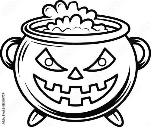Spooky Halloween Cauldron with Evil Face – Black and White Vector Art