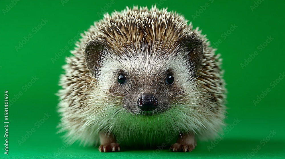 Fototapeta premium Cute Hedgehog Portrait on Green Background