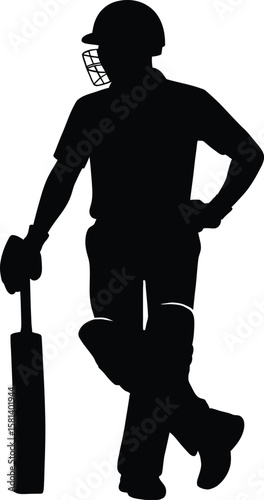 Cricket Player Silhouette Resting Pose – Bat in Hand Vector Art, Transparent Background.