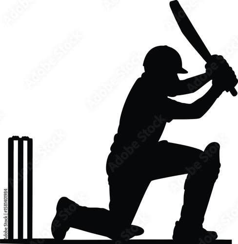 Cricket Batsman Silhouette – Kneeling Shot Pose Vector Illustration, Transparent Background.
