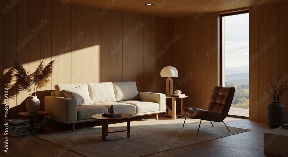 Fototapeta premium Modern Living Room Interior Design with Brown Leather Chair, Beige Sofa and Wooden Wall Panels - 3D Illustration 