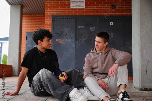 Two teenage boys laughing outside, friendship concept