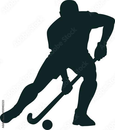 Field Hockey Player Silhouette Vector in Action with Stick and Ball, Transparent Background.