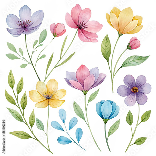 Wallpaper Mural Collection of watercolor painted pink purple yellow blue flowers and green leaves floral botanical Torontodigital.ca