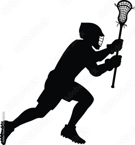 Lacrosse Player Silhouette Vector in Action Pose with Stick, Transparent Background.