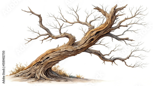 Detailed watercolor illustration of a gnarled ancient dead tree with bare branches on a white background