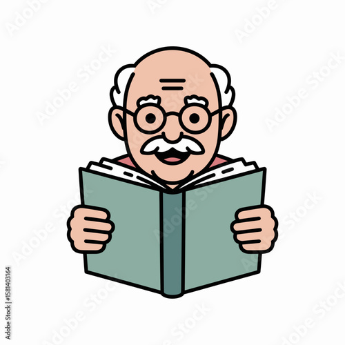 Elderly man reading a book with a smile in a flat vector style  