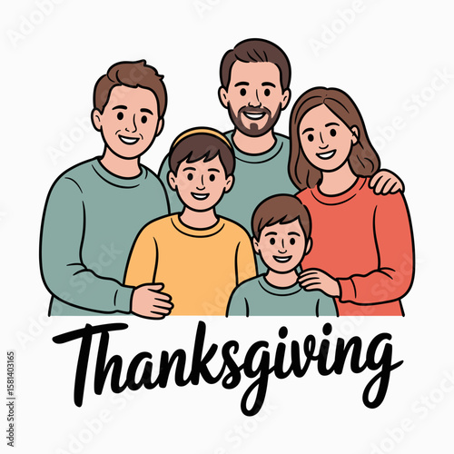Family of four smiling together in colorful sweaters for Thanksgiving  