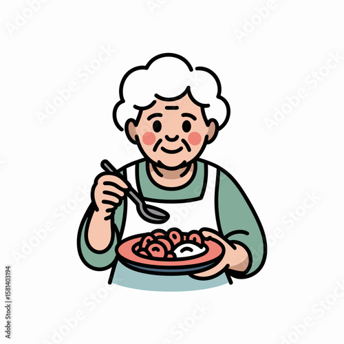 Elderly woman enjoying pasta meal while smiling at home  