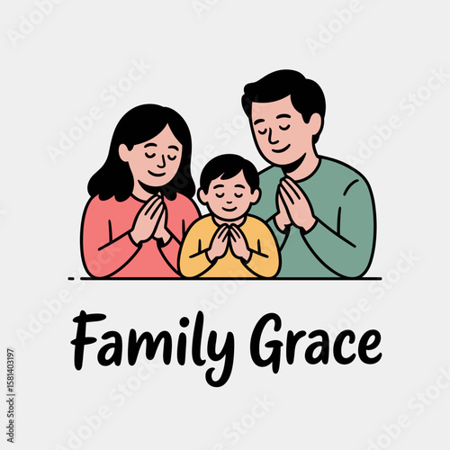 Family praying together with closed eyes and folded hands at home  