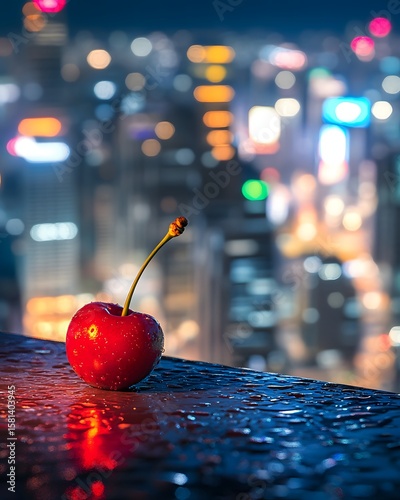 Fresh Red Cherry on Wet Surface with City Lights in Background at Night