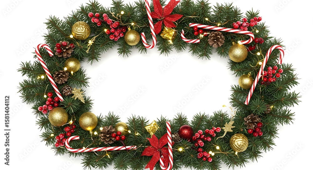A festive Christmas wreath adorned with ornaments and candy canes, ready for the holidays A festive Christmas wreath adorned with ornaments and candy canes, ready for the holidays