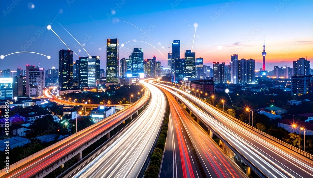 Fototapeta premium City Skyline with Modern Skyscrapers and Bright Lights