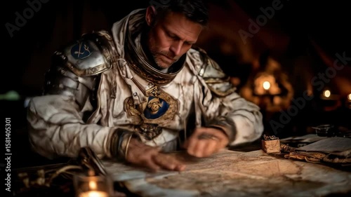 Wallpaper Mural Man in armor studies an old map with quill by candlelight. Torontodigital.ca
