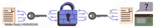 Documents, digital lock with binary code, and encryption keys illustrating secure data flow. Ideal for cybersecurity, data protection, blockchain, coding, privacy, information encryption simple
