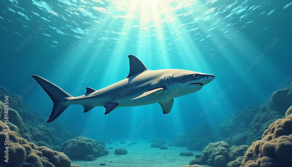 Obraz premium Majestic Shark Swimming in Crystal Clear Ocean Waters - Marine Life Photography