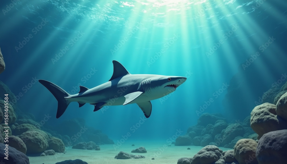 Fototapeta premium Shark Swimming in Ocean Depths, Nature Photography, Serene Environment, Aerial View