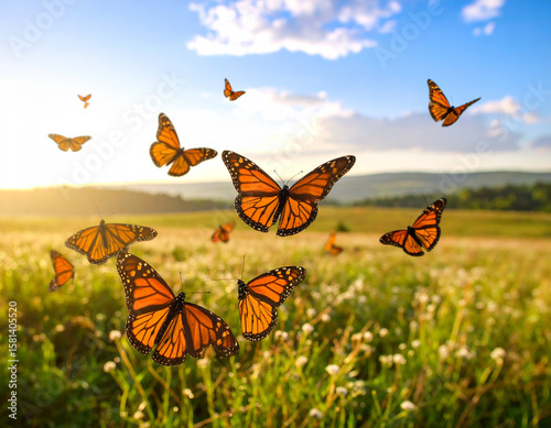 AI generated male and female monarch butterflies in flight near and far above a glistening dewy grassland with endless fields meeting vibrant blue sky at horizon
