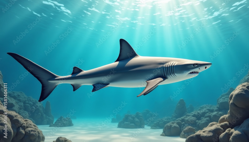 Fototapeta premium Shark Swimming in Ocean Depths, Marine Life Photography, Tranquil Environment, Dynamic Viewpoint