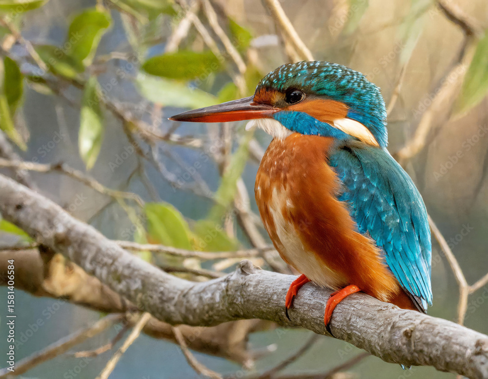 Fototapeta premium Kingfisher perched on branch with blurred background