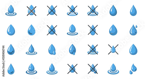 Set of Vector Icons Assorted Water Drop Icons with Water Resistance Symbols. Vector Illustrations. EPS Editable