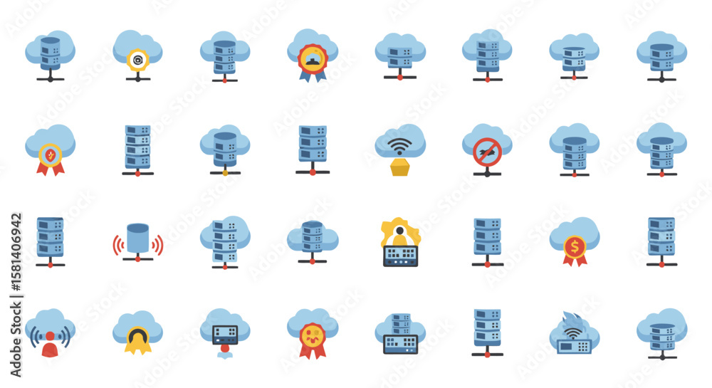 Obraz premium Set of Vector Icons Cloud Computing Icons Server Network Data and Connection Elements. Vector Illustrations. EPS Editable