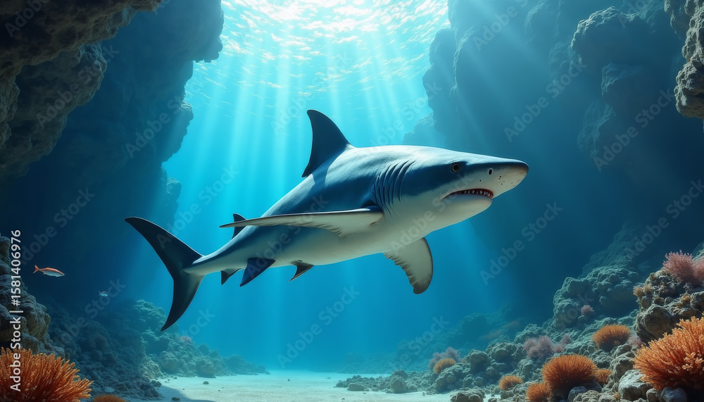 Obraz premium Underwater Adventure, Shark Species, Coral Reef, Wildlife Photography, Ocean Depths, Dynamic Perspective, Marine Life Exploration
